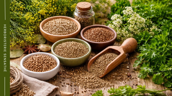 Apiaceae médicinales avec fenouil carvi coriandre et angélique - Herboristerie Sensathé